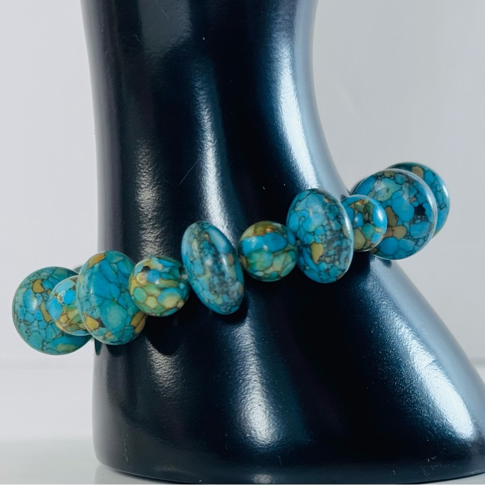 Turquoise Beaded Stretch Bracelet Blue Green Stone Statement Boho Jewelry - Picture 5 of 9